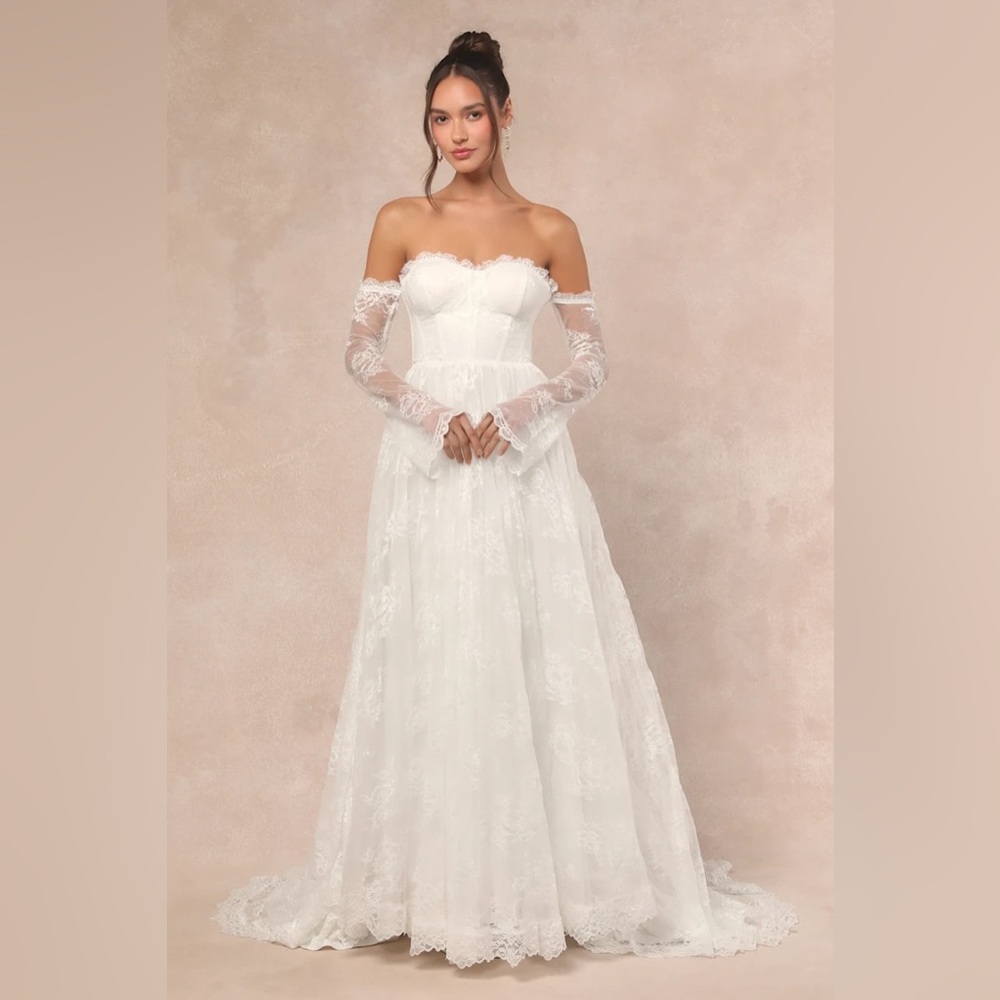 Lulu's White Off-the-Shoulder Lace Wedding Dress